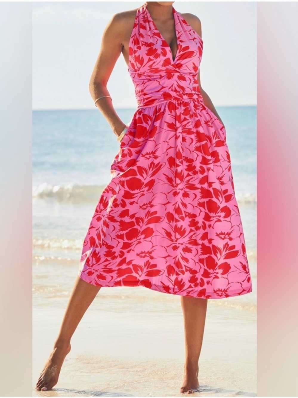 Boston Proper Pink and Red Floral Halter Midi Dress